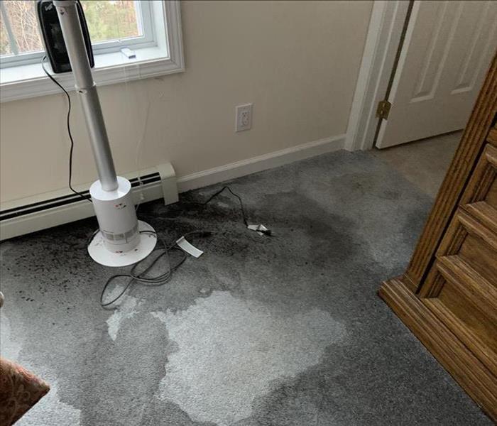 Water damage to flooring in carpeted bedroom.